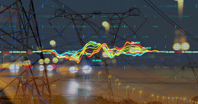 Overlaying colorful numeric grid chart over dusk highway framed by streetlit towers and power lines