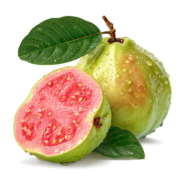 Fresh juicy guava fruit with leaves and water drops