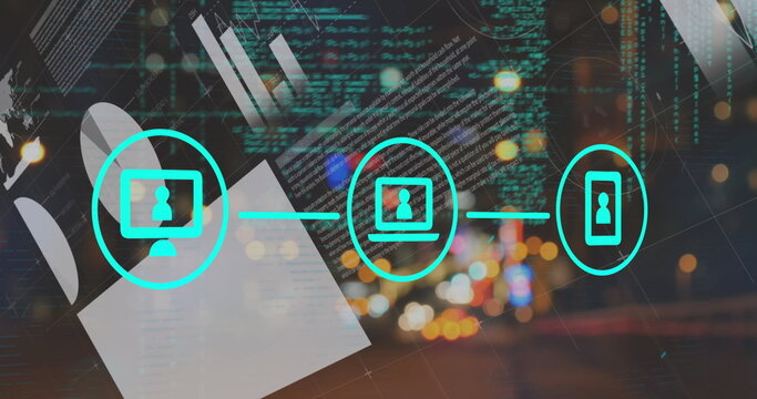 Showing turquoise icons linking monitor laptop smartphone in virtual network, with code and lights