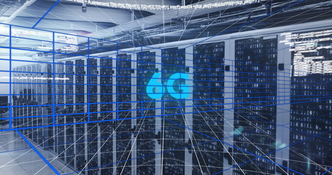 Displaying central network visualization over server racks in data center aisle, with blue 4G icon