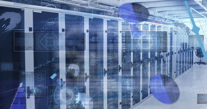 Displaying server cabinets in data center under cable trays, with translucent blue graphic overlays