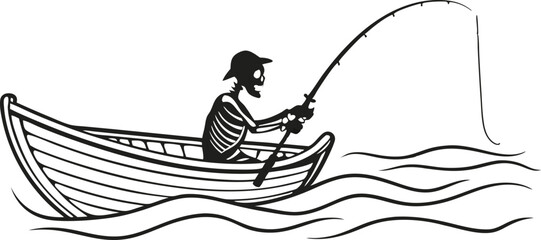 Cartoon illustration of a fisherman in a silhouette sailing boat on the water, with a funny boy and woman fishing
