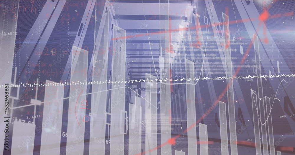 Aufkleber rendering translucent vertical bars receding in corridor, with waveform overlay and trend arrows