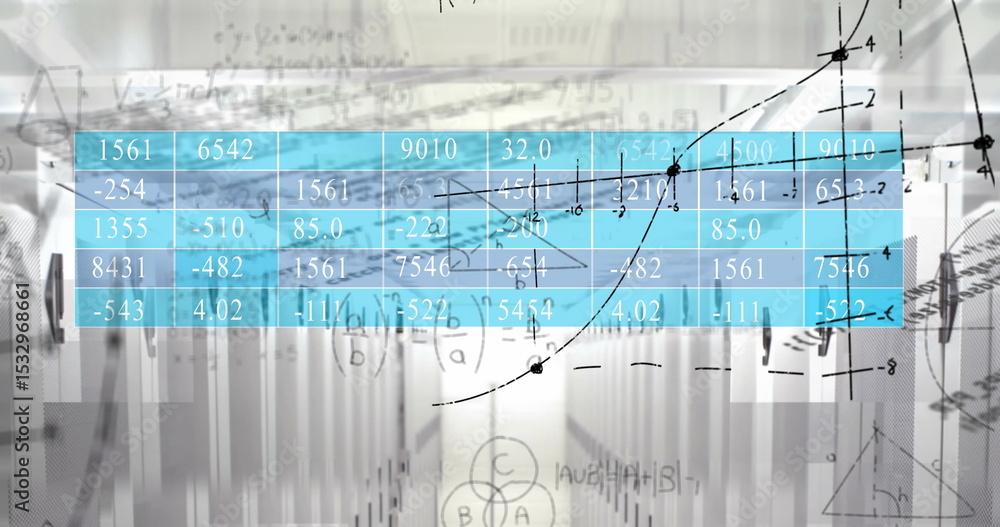 Poster displaying data overlay showing numeric tables and math graphs in data center with server cabinets