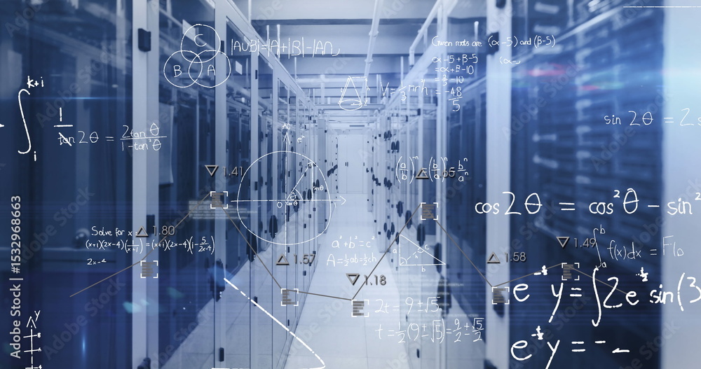 Poster showing narrow data center corridor, featuring server racks and floating mathematical overlays
