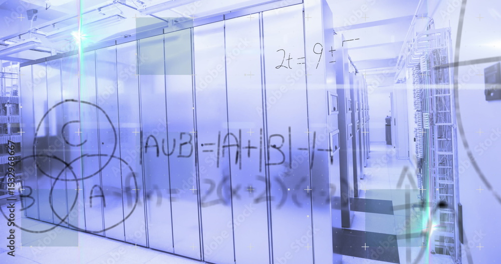 Poster showing server cabinets displaying network cables in data center hall, glass board math formulas