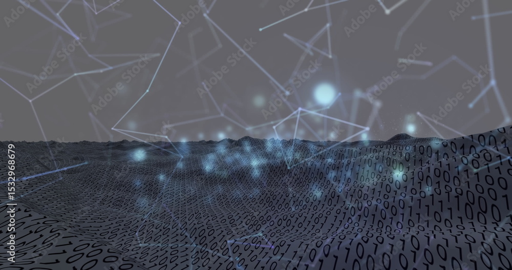 Poster binary code terrain undulating in virtual data realm, with glowing network nodes and light flares