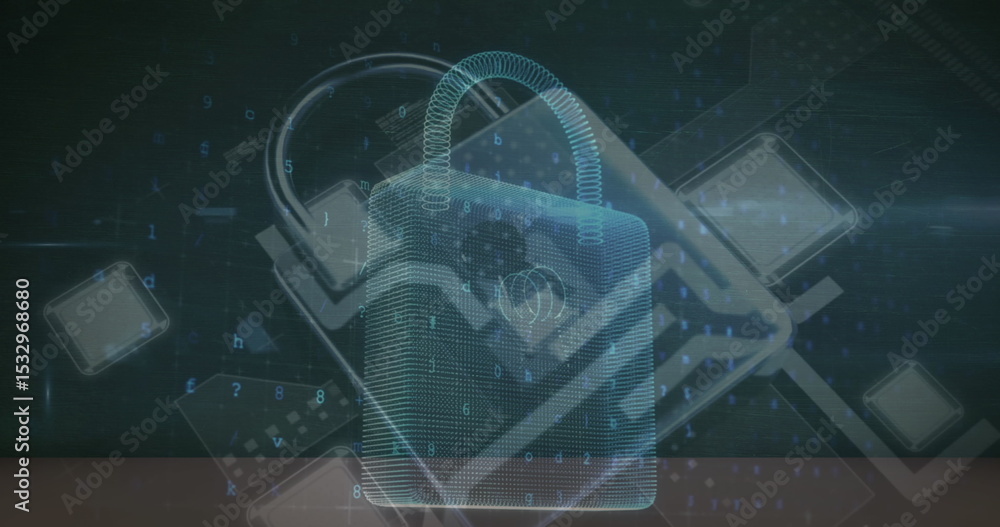 Poster displaying wireframe padlock icon securing network data at digital interface, with device outlines