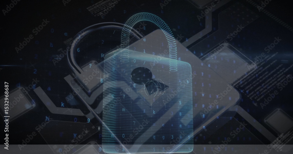 Poster glowing central holographic padlock icon projecting cybersecurity interface, with binary streams