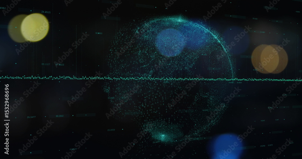 Poster turquoise dot matrix globe spinning on panel, showing waveform with numeric markers, bokeh circles