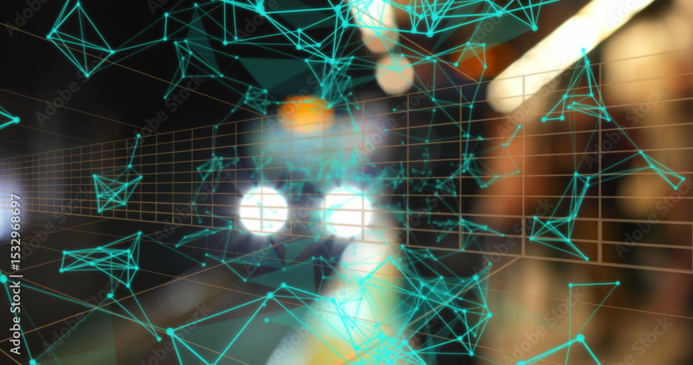 Poster floating abstract turquoise network nodes and lines in blurred corridor, with grid overlay