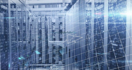 Rack server cabinet standing in data center, with switches, cables, grid and triangle overlay