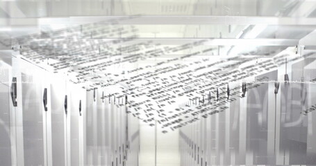 Shining rows of white server cabinets lining data center corridor, with LED lights, code overlay