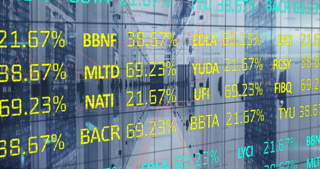Glowing server rack aisle featuring blinking LEDs and cables in server room, with data overlays