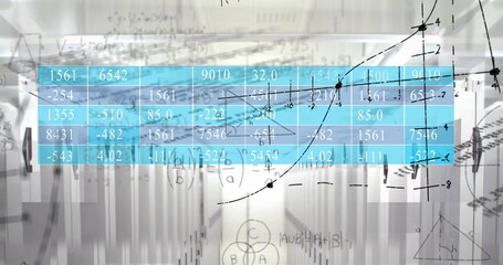 Displaying data overlay showing numeric tables and math graphs in data center with server cabinets
