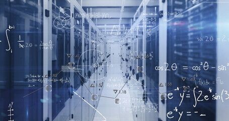 Showing narrow data center corridor, featuring server racks and floating mathematical overlays