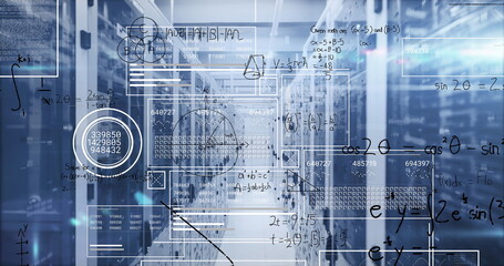 Showing data center server rack corridor with LED lights, mesh doors, network cables, math overlays
