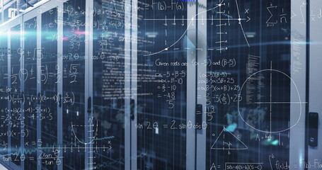 Displaying racks behind glass doors in data center, with blinking LEDs, code lines, math overlays