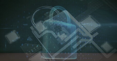 Displaying wireframe padlock icon securing network data at digital interface, with device outlines