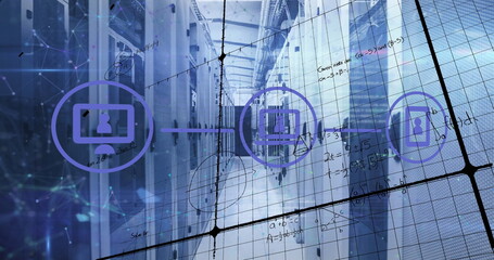 Floating three purple connectivity icons above data center aisle, with server racks and cables