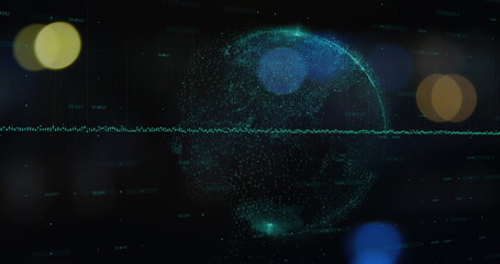 Turquoise dot matrix globe spinning on panel, showing waveform with numeric markers, bokeh circles