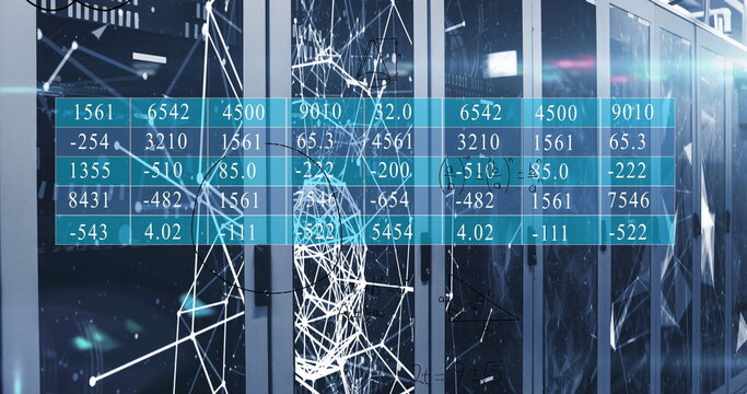 Displaying central server cabinets running in server room with data cables and numeric data overlay