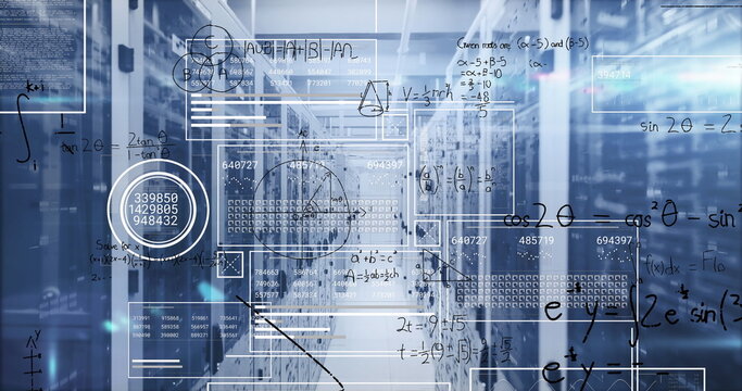 Showing data center server rack corridor with LED lights, mesh doors, network cables, math overlays