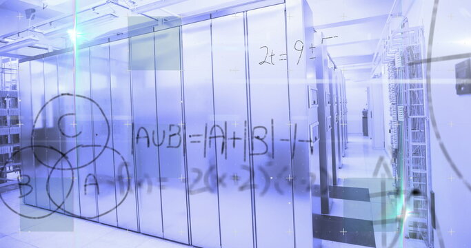 Showing server cabinets displaying network cables in data center hall, glass board math formulas