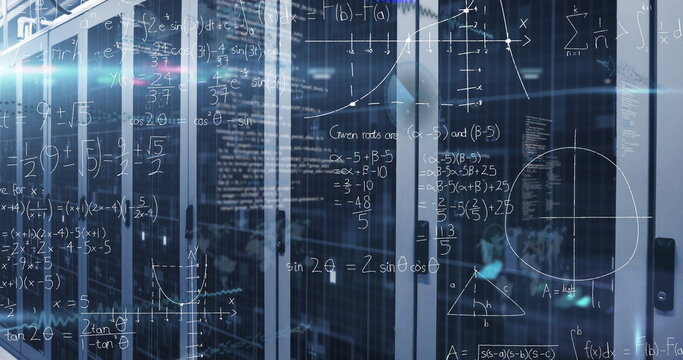 Displaying racks behind glass doors in data center, with blinking LEDs, code lines, math overlays