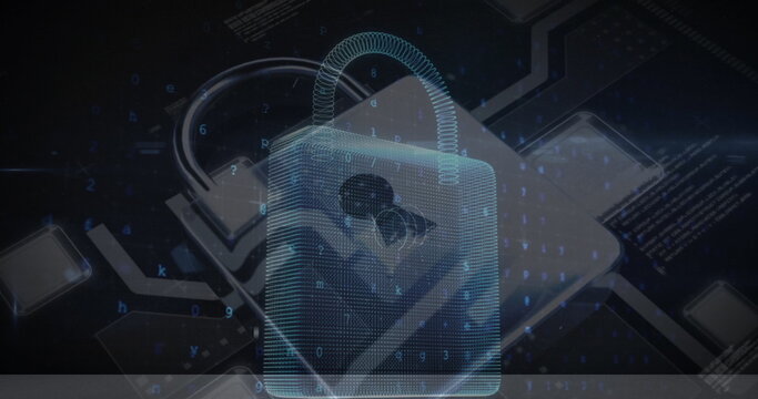 Glowing central holographic padlock icon projecting cybersecurity interface, with binary streams