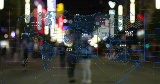 Displaying digital world map overlay flashing across urban street at night, with glowing data lines
