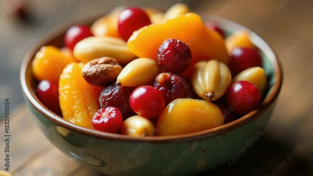 Aufkleber a bowl of fruit and nuts placed on a table for snacking or display.