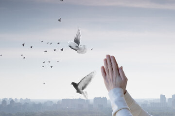 Hands raised in prayer with doves flying over a cityscape .