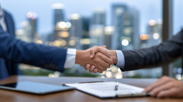 Business meeting room with panoramic city view, formal contract signing underway between businessman and lawyer, handshake following a signature, sleek tablet and legal papers on t - Powered by Adobe