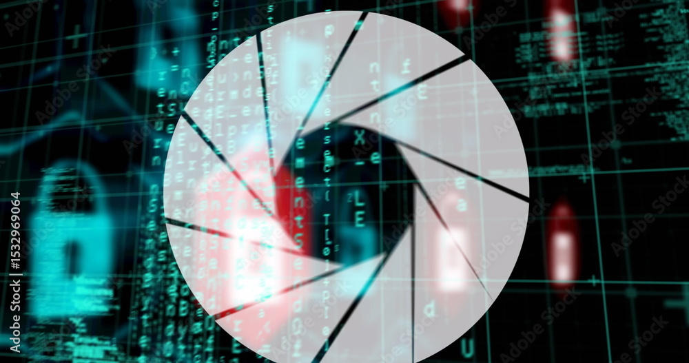 Poster featuring central white aperture icon overlaying security interface, with padlock and code streams