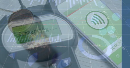 Displaying stethoscope chest piece on oximeter device with phone screen on desk, with overlaid data