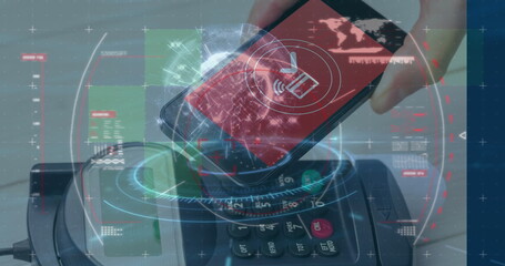 Presenting hand holding smartphone over POS terminal at checkout, with digital payment icons