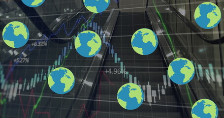 Blue and green globe icons floating in modern building lobby, with escalators and stock charts