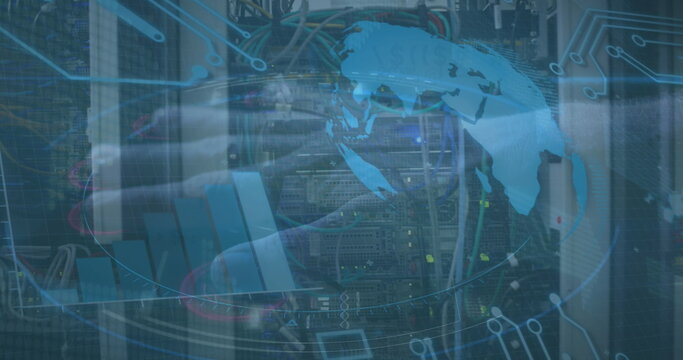 Technician connecting Ethernet cables in server rack at data center, with digital overlay