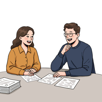 Two people sit at a table with documents engaged in conversation