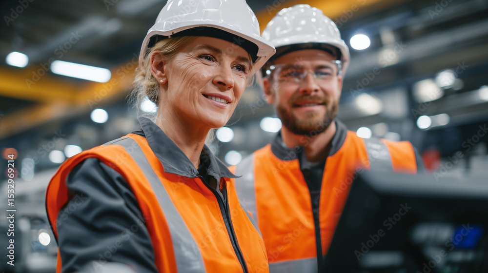 Aufkleber close-up of two factory technicians in orange vests and helmets examining a high-precision cnc machi