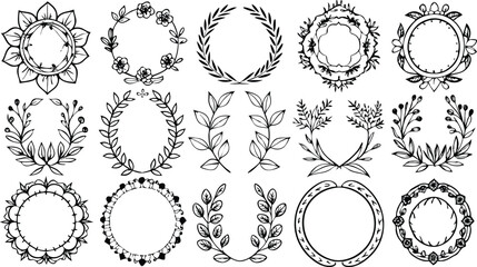 Black and White Floral Wreath Frames Botanical Elements Set 1