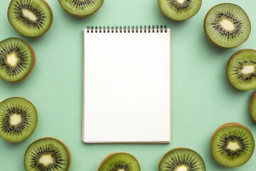 Creative arrangement of kiwi fruit halves and slices surrounding a white notebook on a cool mint green background for fresh inspiration.