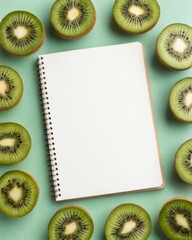 Arranging kiwi fruit halves and slices around a white notebook on fresh mint green background for creative inspiration and food photography.