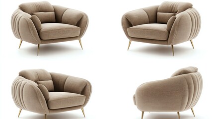 A contemporary beige armchair set on a white background, showcasing its elegant design and plush upholstery, perfect for adding a touch of comfort to modern living spaces.