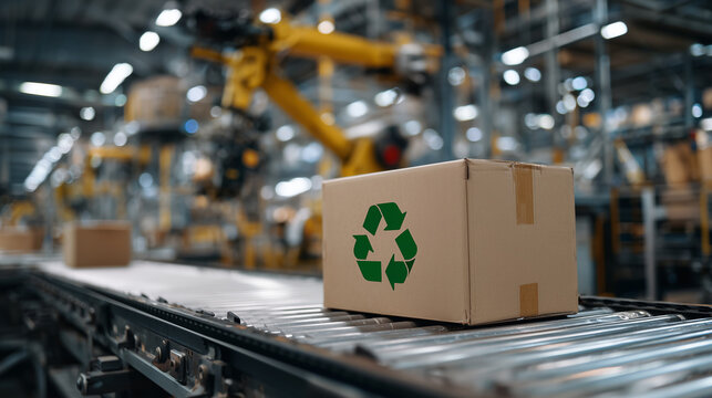A sustainable parcel in focus with recycling symbol in sharp contrast against a muted brown box, robotic arm lifting similar boxes in the background of an advanced packaging facili
