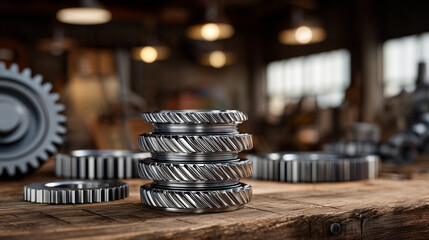 Close-up of shiny steel ball bearings stacked neatly on a worn wooden workbench, surrounded by various sized metal gears and precision tools, soft workshop lighting highlighting th