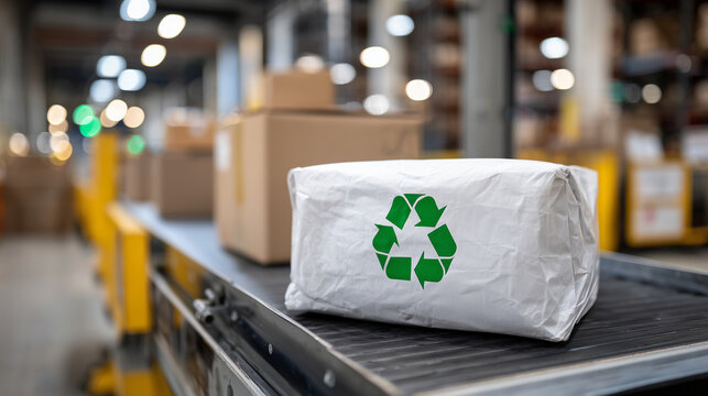 Close-up of an environmentally friendly parcel resting on a scale, green recycling sign in focus, labeled for sustainable last-mile delivery, with automated shipping equipment in t