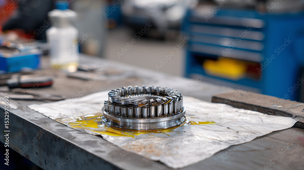 Poster close-up view of mechanical components showcasing layers of ball bearings and gears on a workbench, 