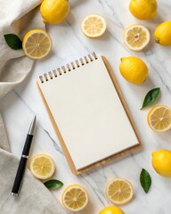 Slicing lemons elegantly arranged on notepad with linen cloth on marble tabletop for culinary inspiration.